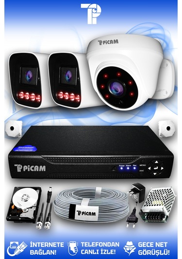 Picam 3 Kameralı Zebra 1 İç Kamera Set 1 Tb 5 Mp 2k Net Gece Görüşlü Güvenlik Kamerası Sistemi