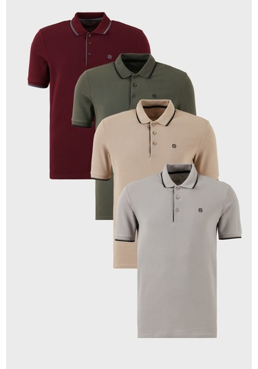 Buratti Pamuklu Slim Fit Şerit Detaylı Düğmeli Polo Yaka 4'Lü Paket Erkek T Shirt 5902118S4 Vişne-Haki-Taş-Vizon