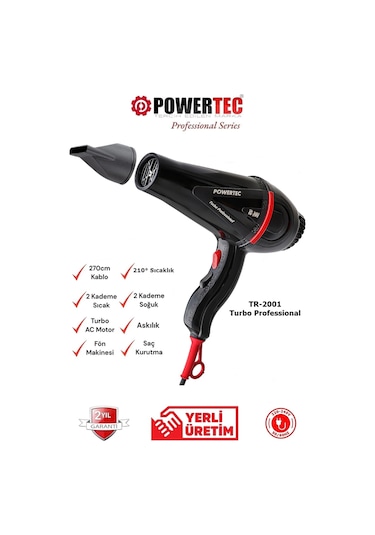 Powertec TR-2001 Profesyonel Saç Kurutma Fön Makinesi 2500W Siyah