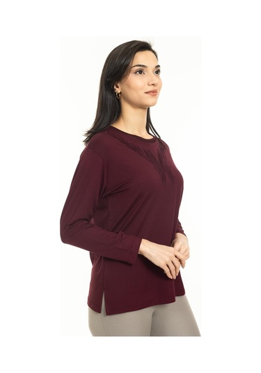 Yeni Sezon Kadın Orta Yaş ve Üzeri Yeni Desen Triko Yaka Likralı Anne Penye Bluz 30520-Bordo