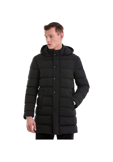 Hatemoğlu Siyah Slim Fit Hakim Yaka Kapüşonlu Basic Kaban 22232023A008 002 Siyah