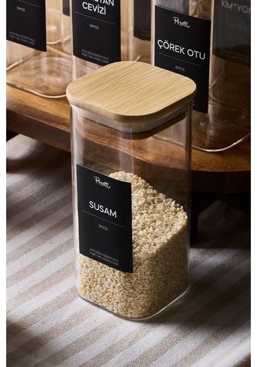 Gildo 12'li Bambu Kapak Borosilikat Cam Baharatlık 400 Ml 13x6 Cm 30 Adet Etiket Hediyeli Seffaf ŞEffaf