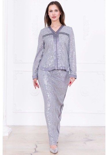 V Yaka Payetli İkili Takım 4716-gri Gri