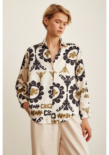 Never More V Yaka Desenli Saten Gömlek Bej