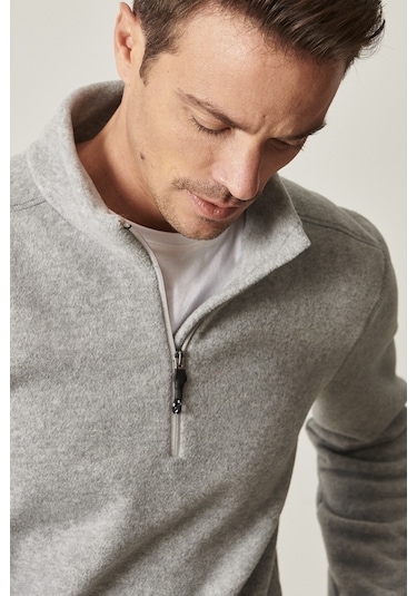 AC&Co / Altınyıldız Classics  Erkek Grı Anti-pilling Tüylenme Yapmayan Standart Fit Dik Yaka Polar Sweatshirt Grı Gri