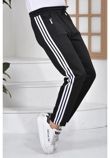 Maki Home 3 Şeritli Scuba Kumaş Kadın Erkek Siyah Eşofman Altı Siyah