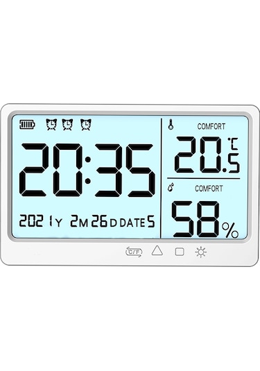 Youtek Beyaz Usb Şarjlı Lcd Ekranlı Dijital Hava Nem Ve Sıcaklık Ölçer - Saat, Tarih, Alarm Ve Işık Fonksiyonlu Ev Ofis Tespit Cihazı