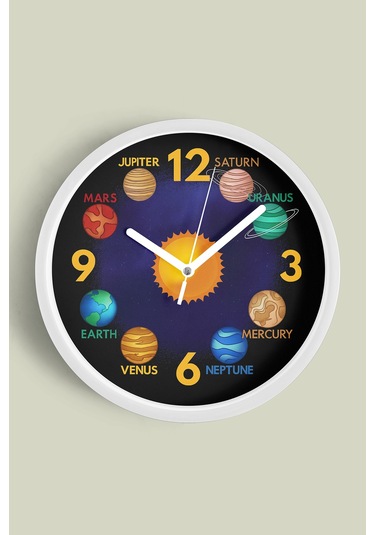 Güneş Ve Gezegenler Modern Tasarım Duvar Saati - 25cm - Önü Camlı Beyaz Kasa - Sessiz Mekanizma-jh0735 Beyaz