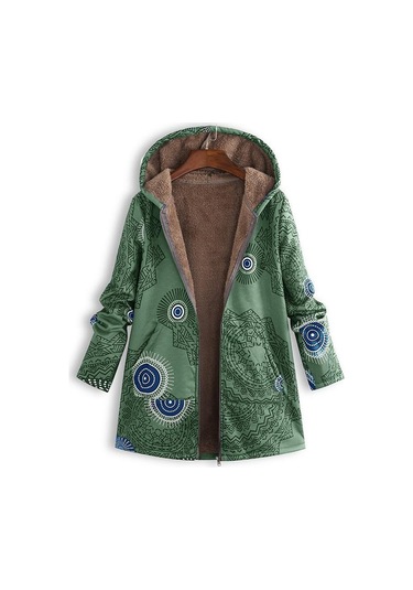 Yeni Kadın Yaprak Baskılı Kapşonlu Uzun Kollu Retro Ceket Sıcak Yeşil