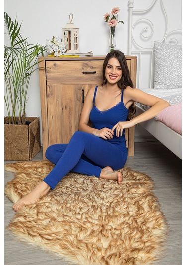 Kadın Saks Renkli Dantel Detaylı Şortlu Ve Taytlı Pijama Takımı 3'lü Set 75006 Saks Mavisi