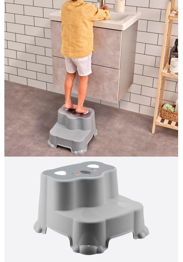 Flosoft Kaydırmaz Çocuk Taburesi Çift Basamaklı, Çocuk Banyo Lavabo Basamak Merdiven Yükseltici Gri