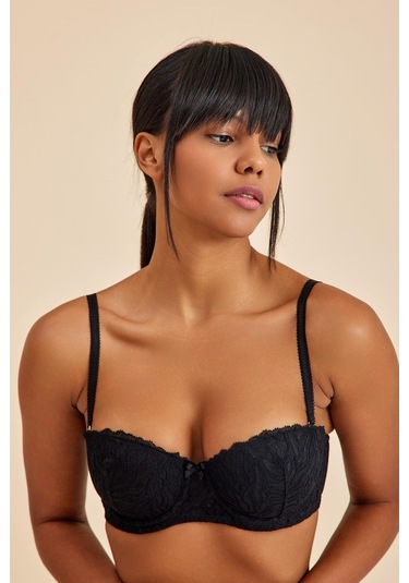 Amy Siyah Balenli Dantelli Dolgusuz Pedli Toparlayıcı Straplez Sütyen siyah