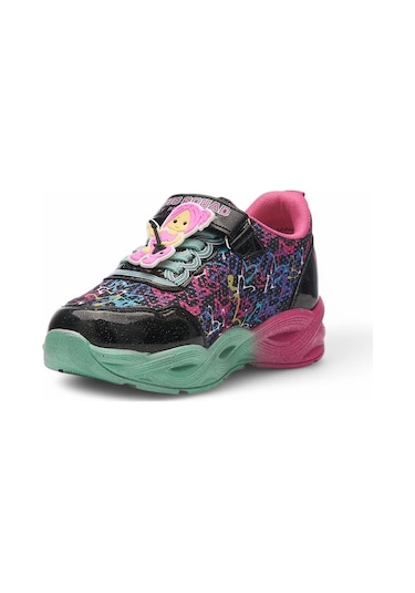 Günlük Cırtlı Kız Çocuk Spor Ayakkabı Renkli Simli Hafif Taban Süs Detay Lastik Bağcık Sneaker 4010 Siyah - Pembe