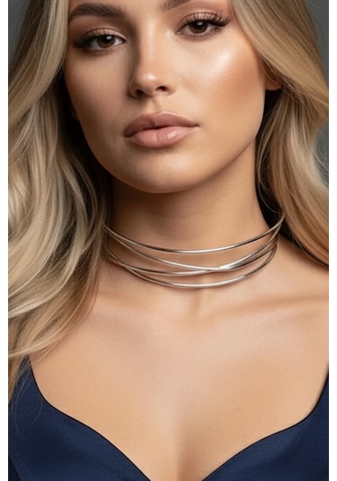 Caş Dekorasyon Gümüş Renk Metal Choker Kolye Gümüş