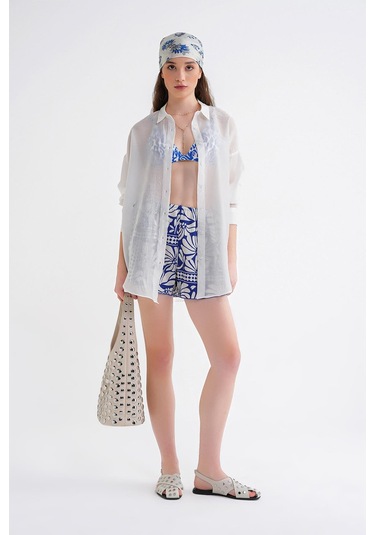 4667 Kadın İnce Oversize Modal Gömlek Beyaz Beyaz