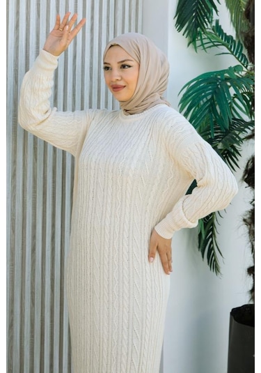 Brc2440ekru-bisiklet Yaka Örme Triko Elbise Ekru