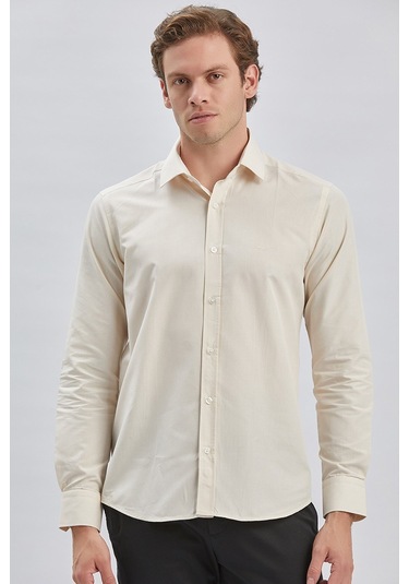 Erkek Uzun Kollu Bez Ayağı Sert Yaka Cepsiz Klasik Slim Fit Dar Kesim Gömlek 1004240230-bej Bej