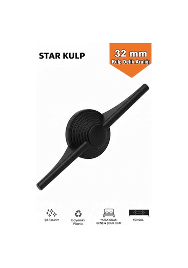 Lüks Star Kulp Siyah 32mm 8 Adet Mobilya,yatak Odası, Tv Ünitesi,çocuk Ve Genç Odası, Dolap Kulpu Siyah