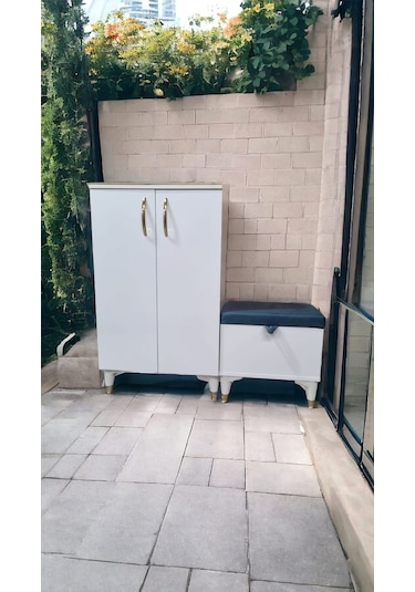 2 Kapaklı Puflu Ayakkabılık Beyaz