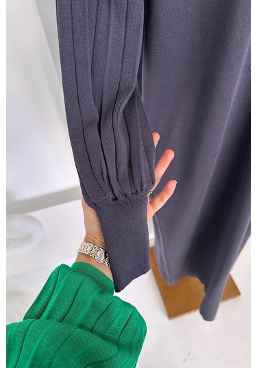 Balon Kol Merserize Elbise - Füme