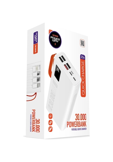 Powerway 30.000 Mah Pd 22.5w Dahili Kablolu Hızlı Şarj Gerçek 30.000 Mah Qc30s Beyaz Powerbank