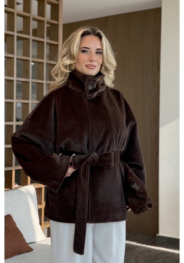 Acı Kahve Yaka Düğmeli Kuşaklı Peluş Ceket - 1624 Acı Kahve