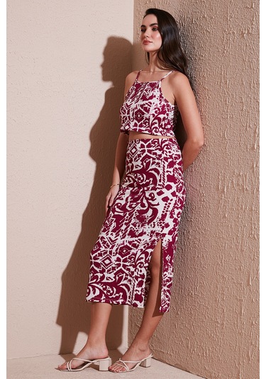 Lela Slim Fit Ip Askılı Yırtmaçlı Midi Alt-Üst Bayan Takım 5865726 Mürdüm