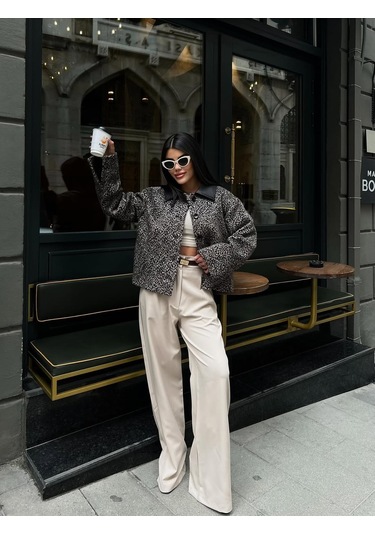 Cemo Leopar Desenli Kaşe Kısa Kaban Ceket Leopar