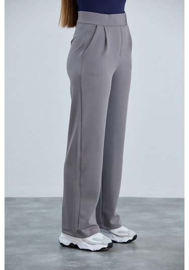 Kadın Gri Cırt Cırtlı Kapama Rahat Palazzo Likralı Esnek Beli Lastikli Pantolon Yüksek Bel Gri