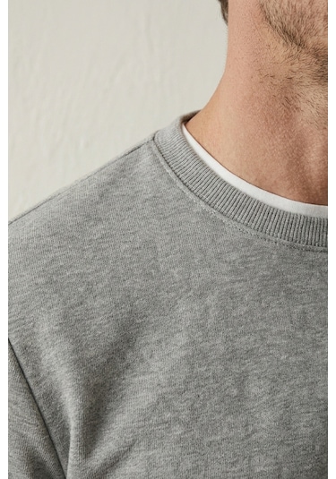 Elemge Pamuklu Erkek Sweatshirt Gri Soft Touch Relax Fit Basic Bisiklet Yaka 3 Iplik Nefes Alan