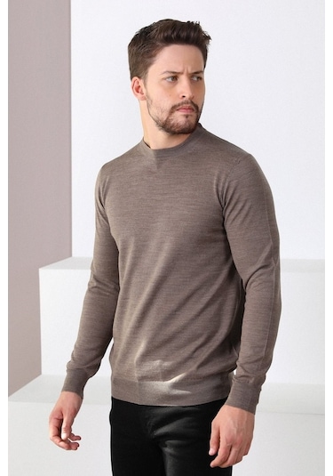 Ferraro K.Bej Bisiklet Yaka Superfine Erkek Triko Kazak Bej