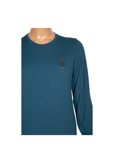 Hesna Kadın Derya Fitilli Doku Eteği Farbalı Broşlu Petrol Elbise Petrol