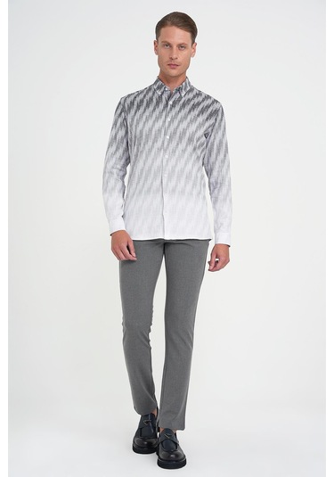 Comfort Fit Pano Desen Düğme Yaka %100 Keten Gri Gömlek G 1594 Gri