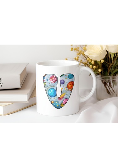 V Baş Harf Gezegen Desenli Kupa Bardak - Kişiye Özel Evren Temalı Kahve Çay Kupası - Gökyüzü Beyaz