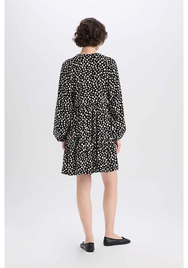 DeFacto Bisiklet Yaka Puantiye Uzun Kollu Mini Elbise E6612AX25SPBK81