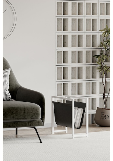Coral Koltuk Yanı Dergilik , Gazetelik , Kitaplık, Beyaz Metal - Siyah Deri