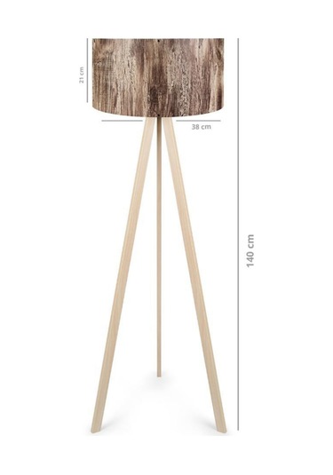 Pratik Ahşap Krem Tripod Ayaklı Pvc Ağaç Desenli Silindir Başlıklı Lambader Kahverengi