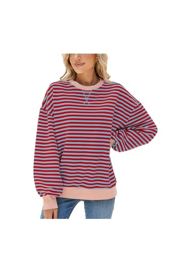 Hnxc Kadın Modası Rahat Çizgili Baskılı Uzun Kollu O-boyun Kapşonlular Ve Sweatshirtler Kırmızı&gri Kırmızı - Gri Hnxc Kadın Modası Rahat Çizgili Baskılı Uzun Kollu O-boyun Kapşonlular Ve Sweatshirtler Kırmızı&gri Kırmızı - Gri