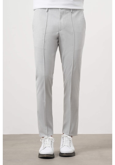 Morven Erkek Gri Poliviskon Trend Düz Slim Fit Nervürlü Lastikli Pantolon Gri