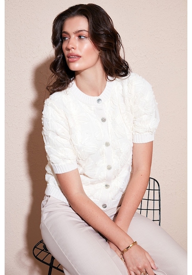 Lela Premium Regular Fit Bisiklet Yaka Tüllü Çiçekli Kısa Kollu Bayan Hırka 680Hi00386 Ekru