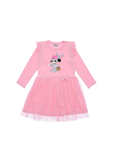 Kız Çocuk Elbise Taşlı Baskılı Açık Pembe