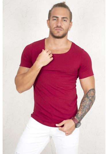 Deepsea Erkek Bordo Geniş Yaka Likralı Tişört Oval Yaka Slim Fit Eteği Oval Açık Yaka T-shirt 1801199 Bordo