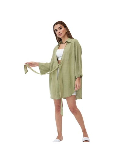 Laluvia Pamuklu Flam Keten Kadın Kimono Gömlek - Haki