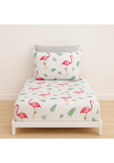 Tek Kişilik Flamingo Desen 90 X 200 Cm Lastikli Çarşaf Ve Yastık Kılıfı Pembe