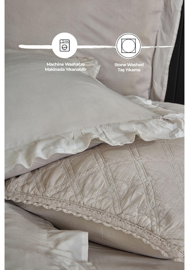 Evlen Home %100 Pamuk Çift Kişilik Özel Taş Yıkama Nevresimli Yatak Örtüsü Seti 7 Parça Yumuşak Barbara Bej