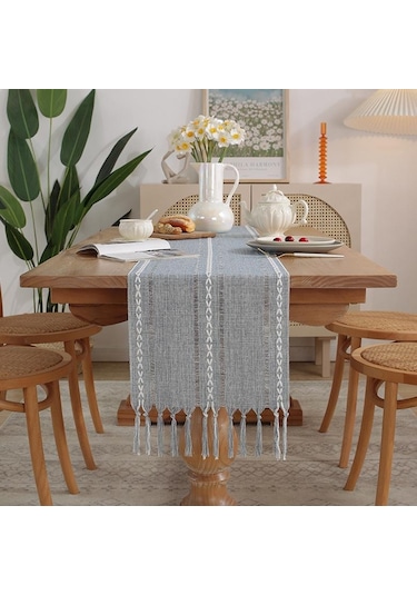Gri Rustik Masa Koşucular, El Yapımı Püsküllü, Vintage Dokuma Pamuk Keten Masa Koşucu Uzun Parti Yemek Masası Dekorasyonu İçin 33 220