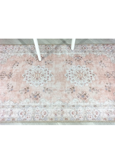 Bej Ve Gül Kurusu Eskitme Desenli Vintage Halı - H0061ou Pudra