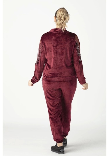 1950 Kolları Taşlı Tam Kalıp Tarz Kadife Büyük Beden Eşofman Takım Bordo Bordo