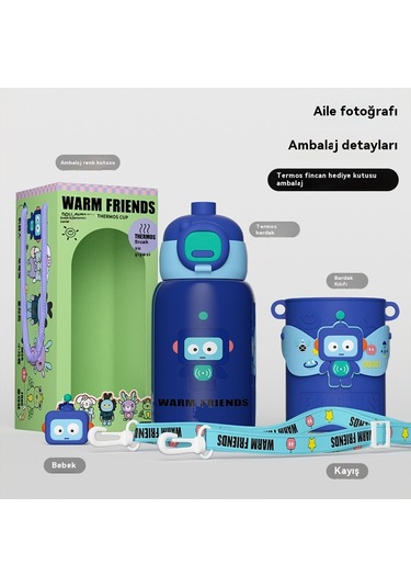 Aurora Çocuk Termos Bardağı 304 Paslanmazçelik Büyük Kapasiteli Termos Bardağı Mavi