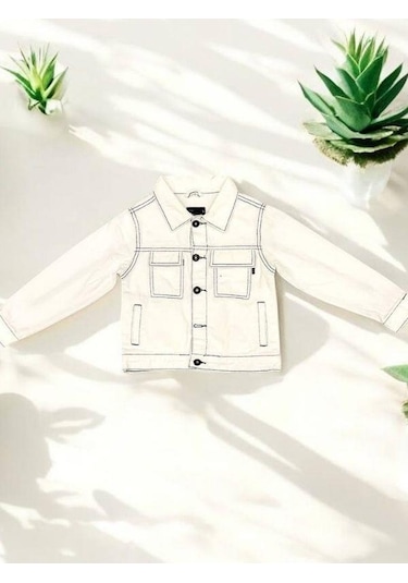 Kız Çocuk Beyaz Cep Detaylı Kot Ceket-15258 Beyaz